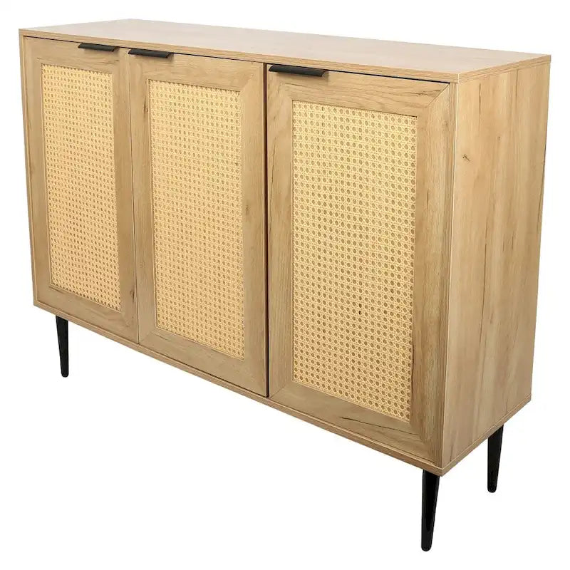 Wooden Storage Cabinet with 3 Rattan-Style Doors and Shelves
