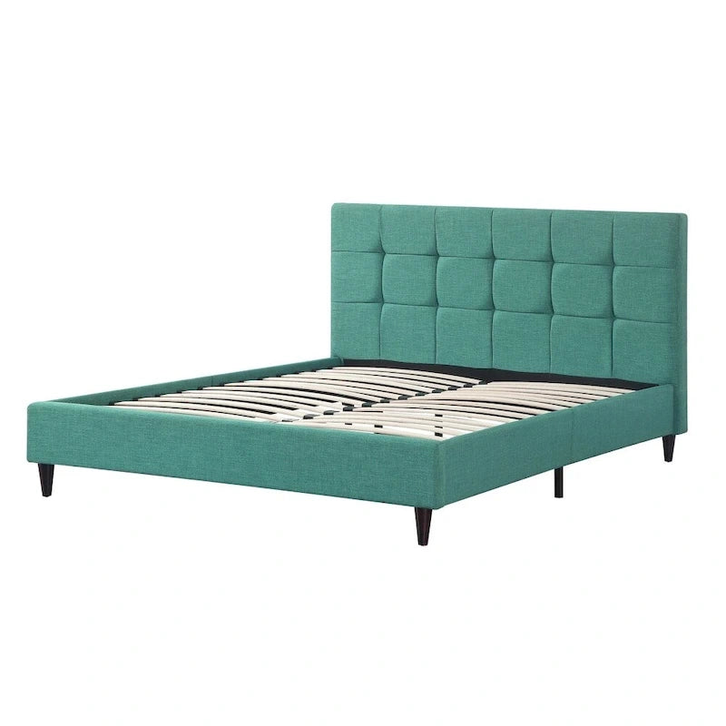 Upholstered Platform Bed with Square-Stitched Headboard and Wooden Slats