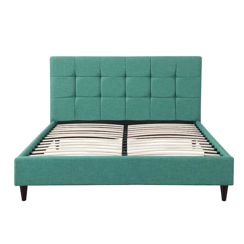 Upholstered Platform Bed with Square-Stitched Headboard and Wooden Slats