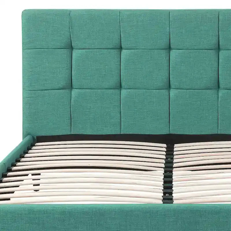 Upholstered Platform Bed with Square-Stitched Headboard and Wooden Slats