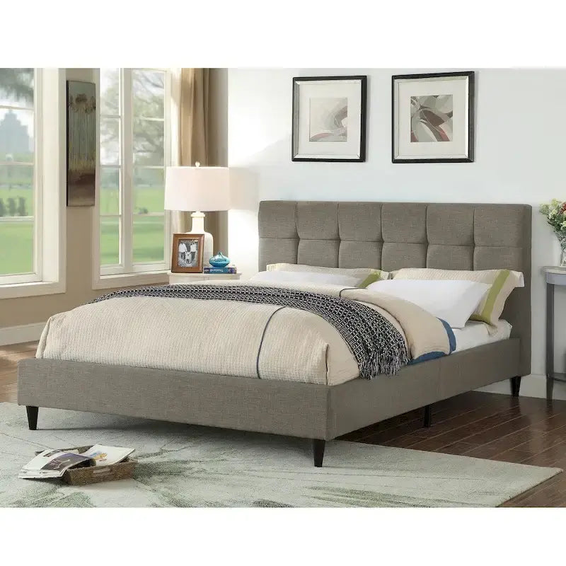 Upholstered Platform Bed with Square-Stitched Headboard and Wooden Slats