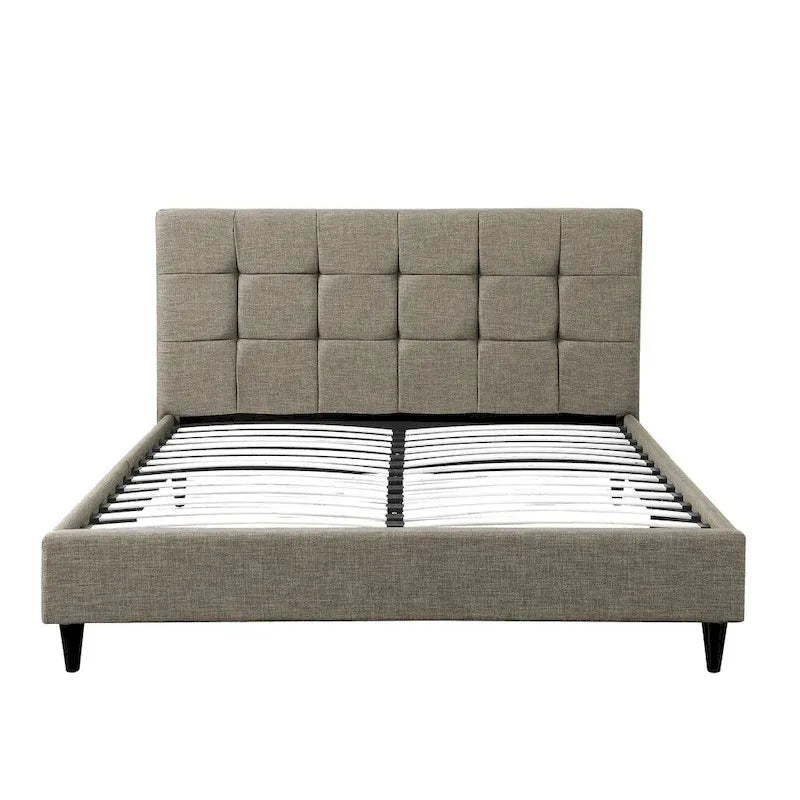 Upholstered Platform Bed with Square-Stitched Headboard and Wooden Slats