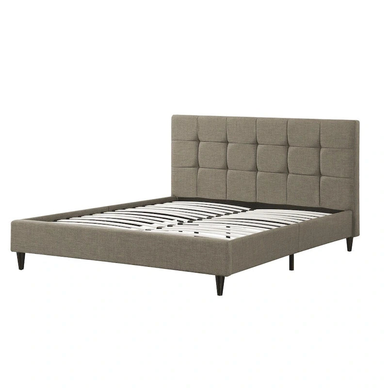 Upholstered Platform Bed with Square-Stitched Headboard and Wooden Slats