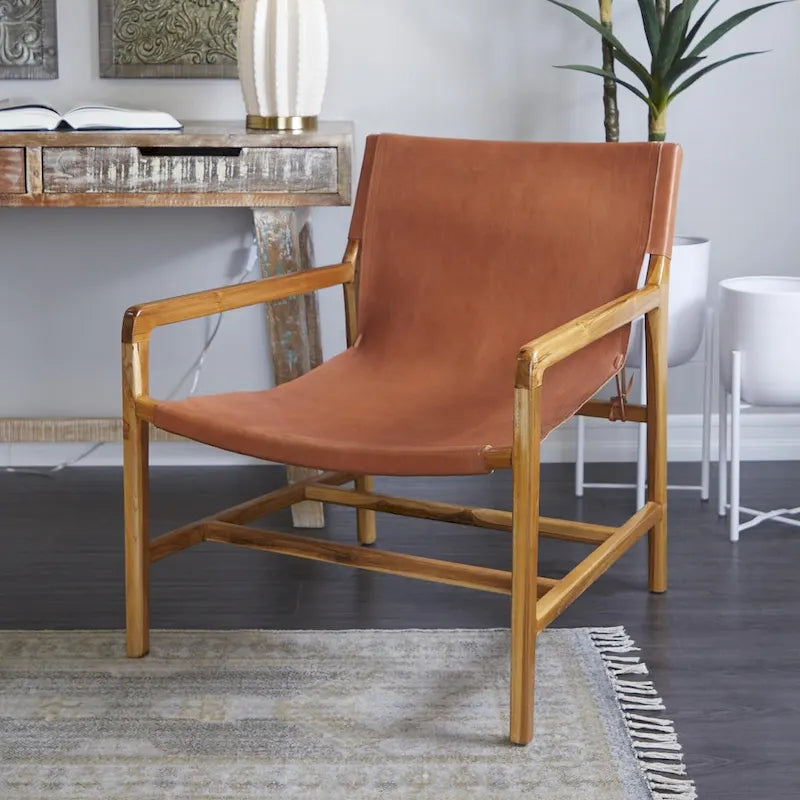 Genuine Leather and Teak Wood Accent Chair with Armrests - Brown or Black