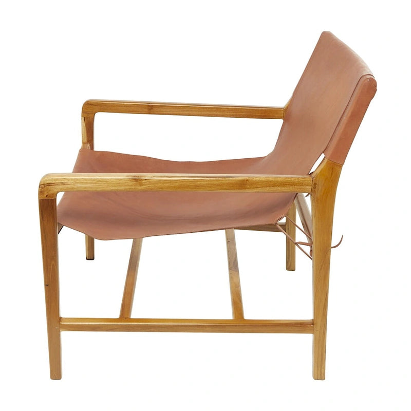 Genuine Leather and Teak Wood Accent Chair with Armrests - Brown or Black