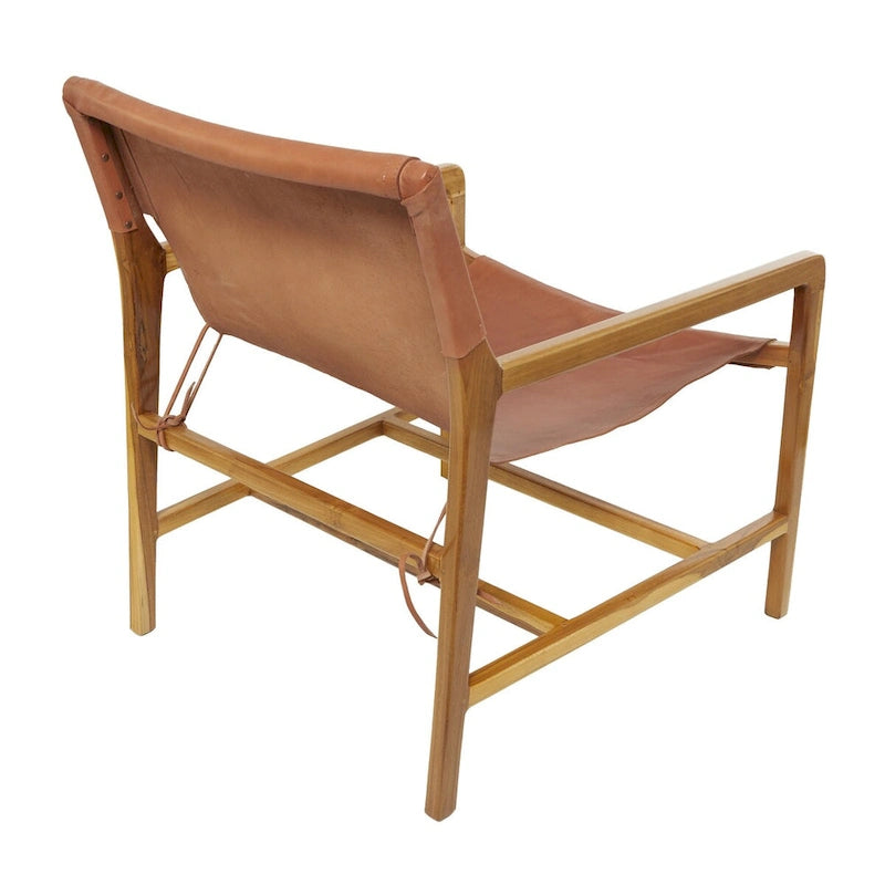 Genuine Leather and Teak Wood Accent Chair with Armrests - Brown or Black