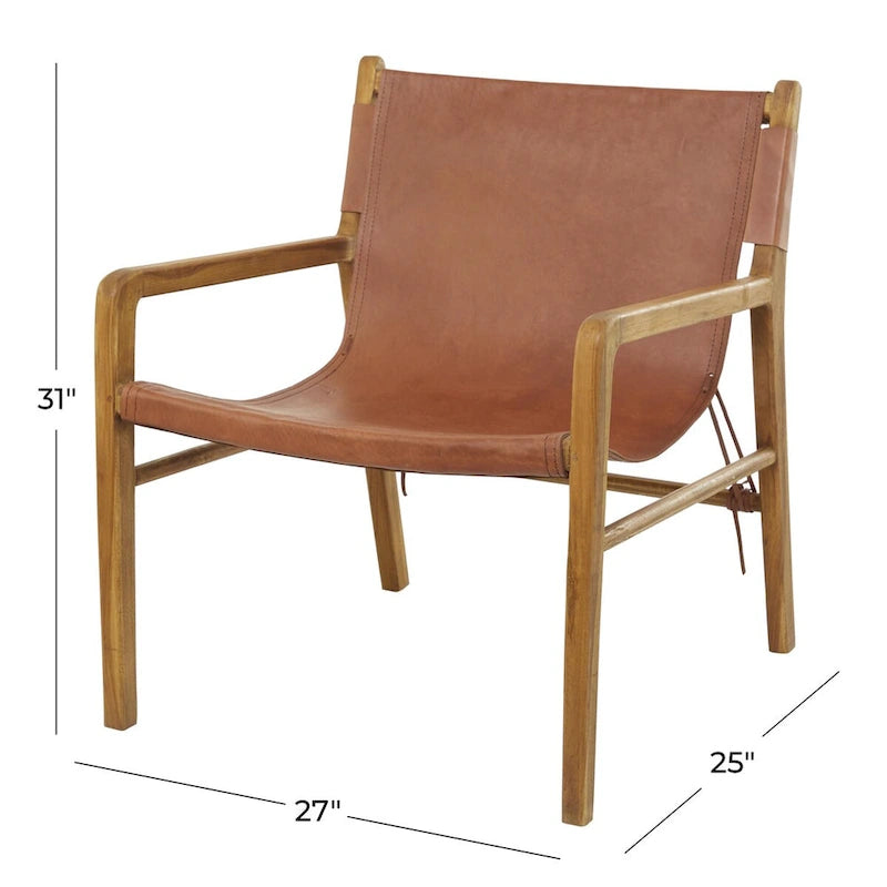 Genuine Leather and Teak Wood Accent Chair with Armrests - Brown or Black