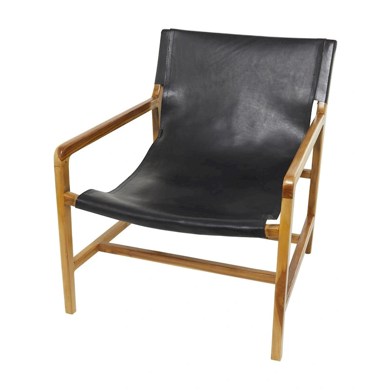 Genuine Leather and Teak Wood Accent Chair with Armrests - Brown or Black