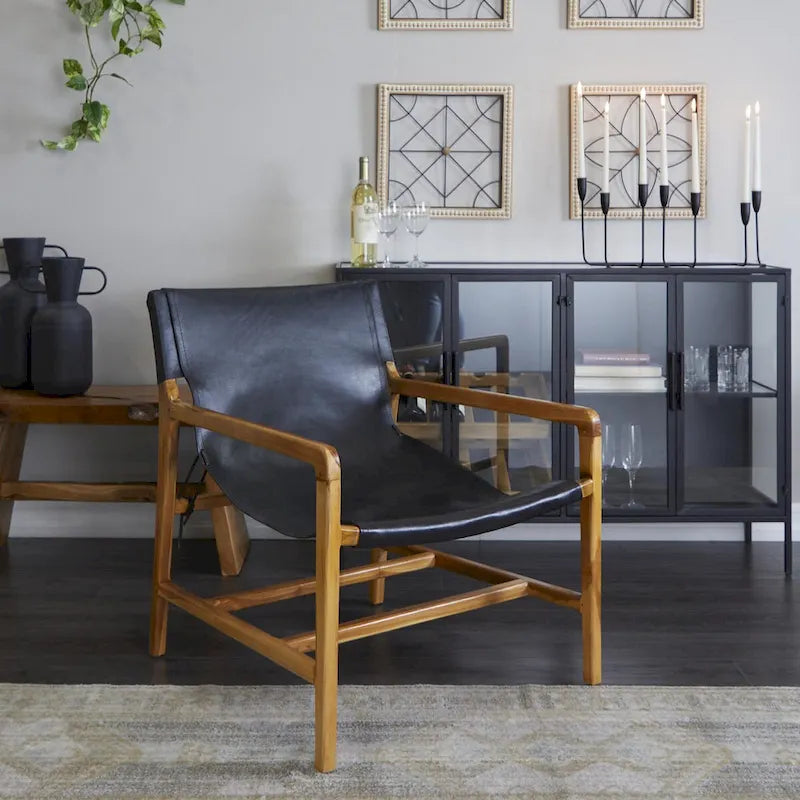 Genuine Leather and Teak Wood Accent Chair with Armrests - Brown or Black