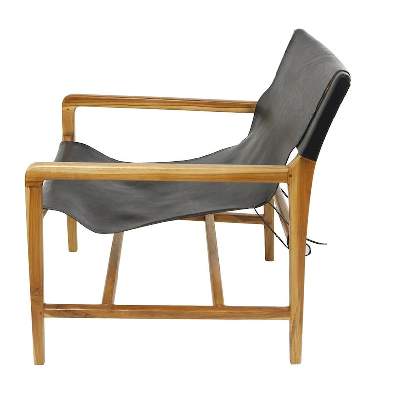 Genuine Leather and Teak Wood Accent Chair with Armrests - Brown or Black