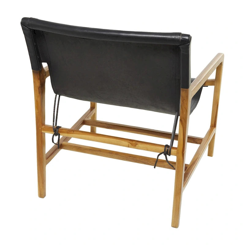 Genuine Leather and Teak Wood Accent Chair with Armrests - Brown or Black