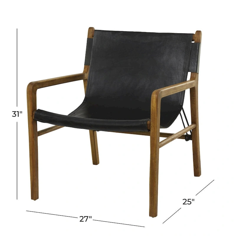 Genuine Leather and Teak Wood Accent Chair with Armrests - Brown or Black