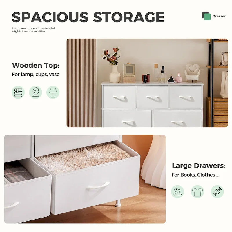 White 7-Drawer Fabric Dresser with Metal Frame